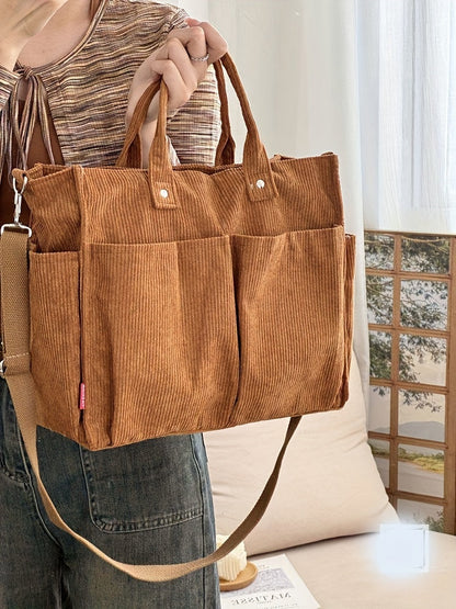 Corduroy Crossbody Tote Bag Stylish Commuter Shoulder Bag with Multiple Spacious Pockets Handbag For Women