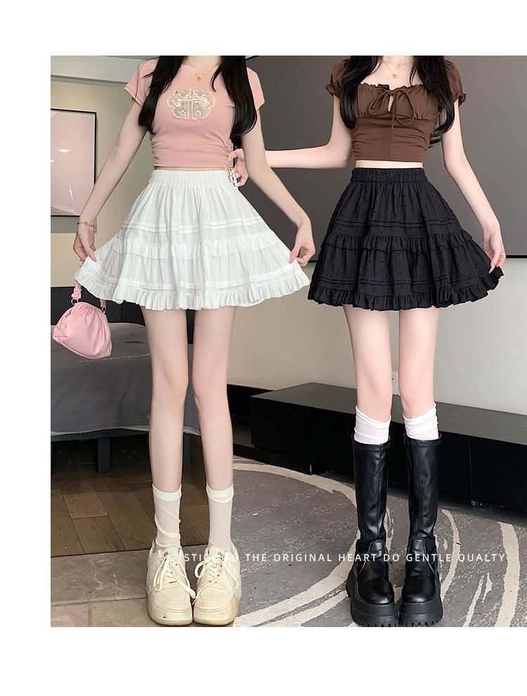 Kawaii White High Waist Pleated Mini Skirts for Women Summer Slim A-Line Skirt Y2K Versatile Puff Tiered Faldas for Girls Female