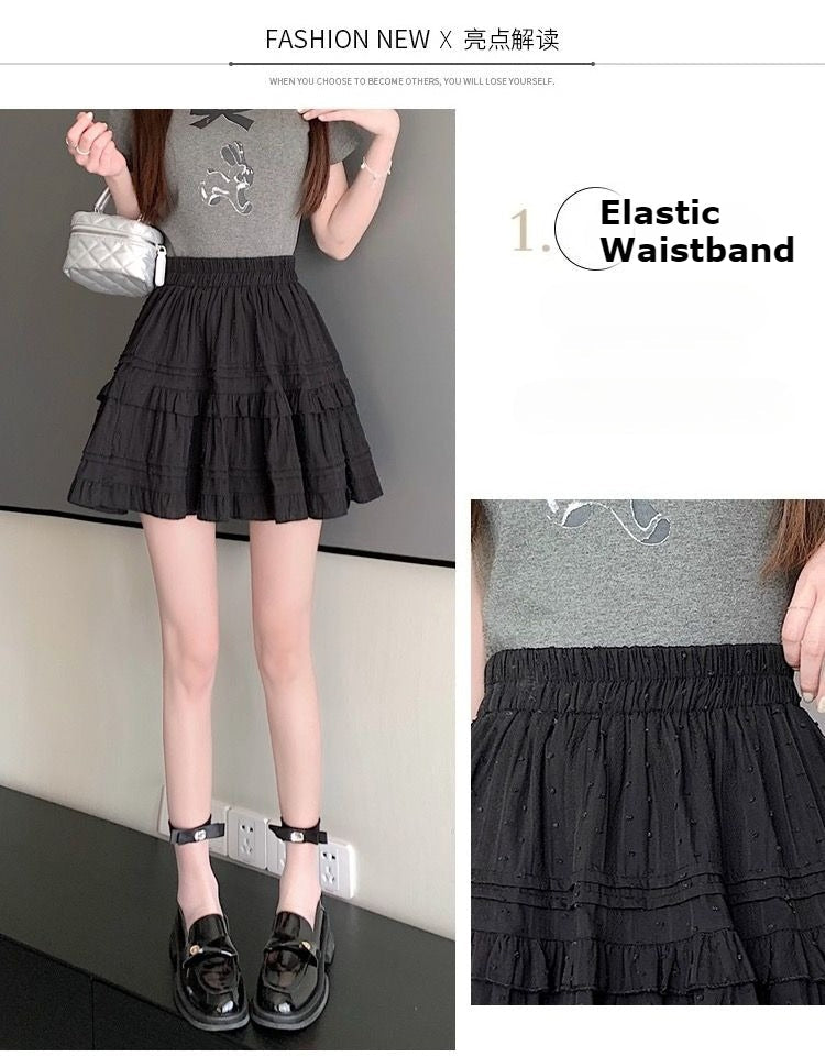 Kawaii White High Waist Pleated Mini Skirts for Women Summer Slim A-Line Skirt Y2K Versatile Puff Tiered Faldas for Girls Female