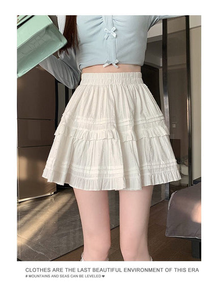 Summer Kawaii White Ruflles Skirt Women Fashion Slim Fit Mini Skirts Girls Y2k Versatile Elastic High Waist A-Line Back Faldas