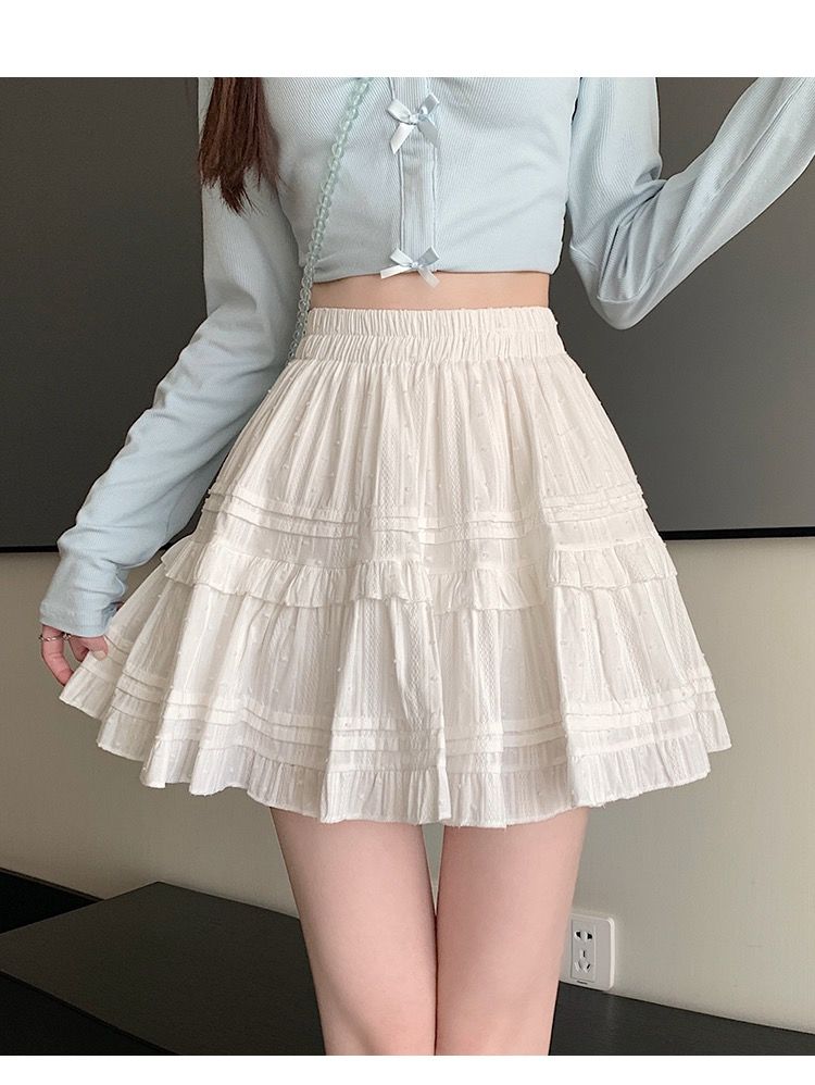 Summer Kawaii White Ruflles Skirt Women Fashion Slim Fit Mini Skirts Girls Y2k Versatile Elastic High Waist A-Line Back Faldas