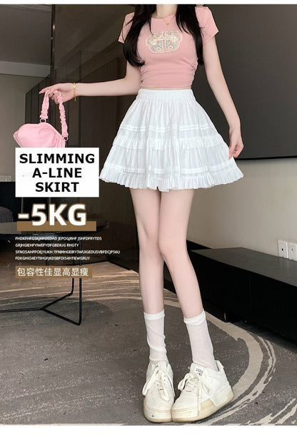 Kawaii White High Waist Pleated Mini Skirts for Women Summer Slim A-Line Skirt Y2K Versatile Puff Tiered Faldas for Girls Female